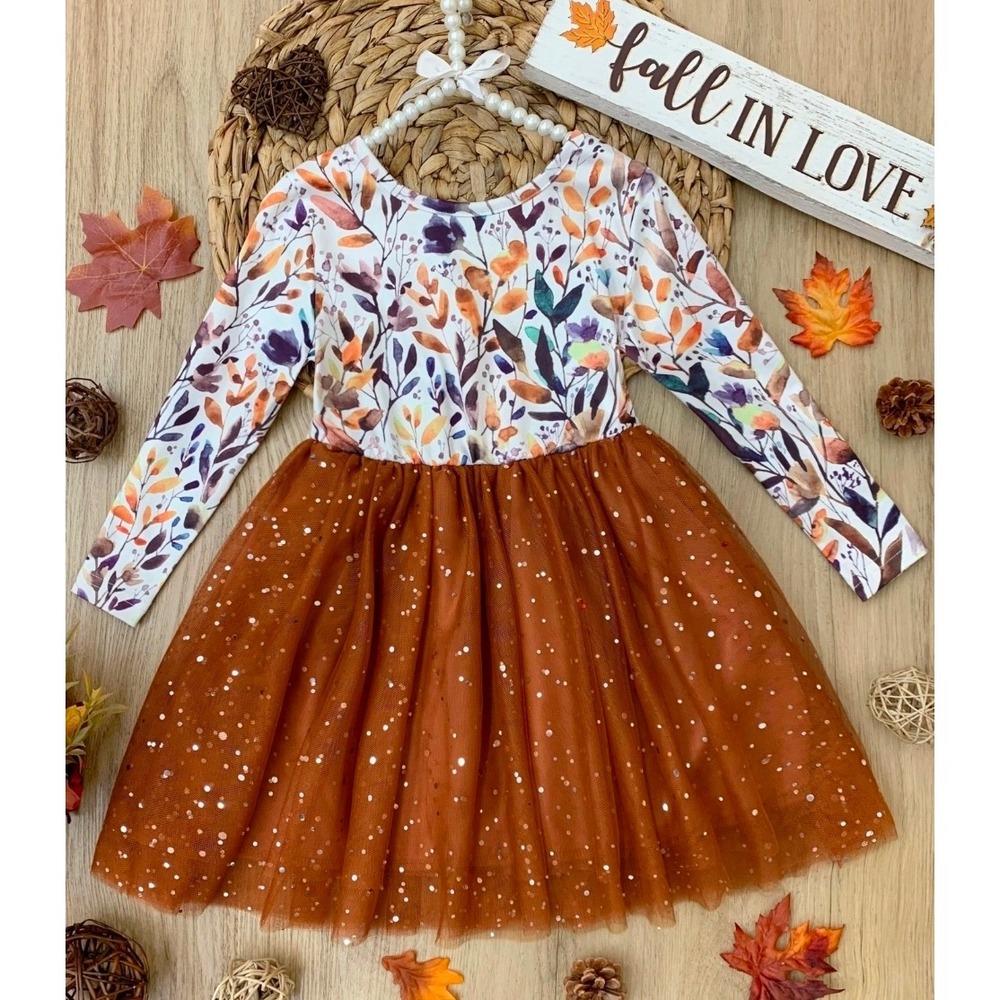 Mia Belle Girls Rust Floral Sequin Tulle Tutu Dress Long‎ Sleeve Size 7Y